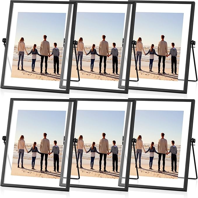 Amyhill Set of 6 Metal Picture Frames Vintage Minimal Ornate Floating Frames 4 x 6 Inches Photo Antique Easel Stand Vertical Glass Holder for Pictures Photos Desk Tabletop Display(Black)