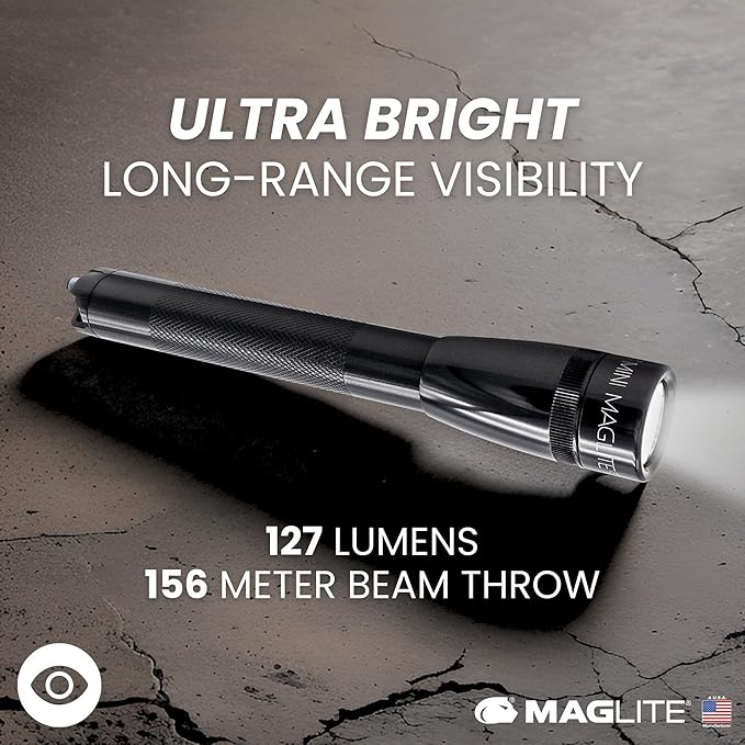MagLite Mini LED Flashlight - Ultra Bright 127 Lumens, Adjustable Beam, Water-Resistant IPX4, Shock Resistant, 2 Power Modes, includes 2 AA Premium Alkaline Batteries - (Combo Pack, Black)