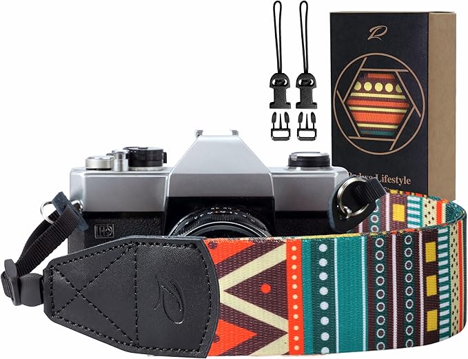 Padwa Lifestyle Bohemian Camera Strap - 2" Wide Genuine Leather Ends Camera Straps for Photographers, Vintage Boho Print Nylon Weave Strap with Camera Quick Release fits All Cameras