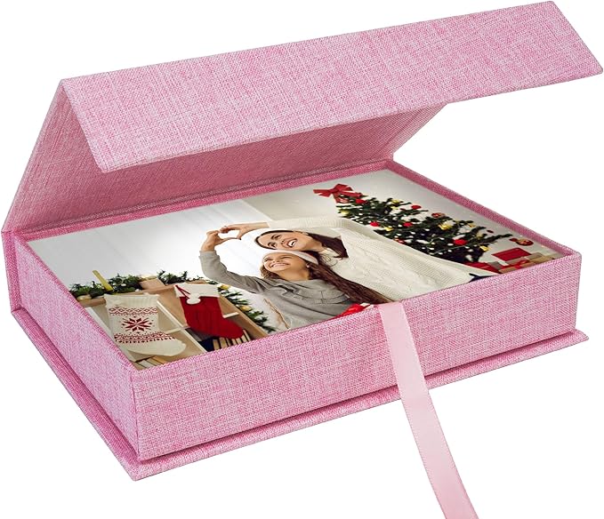 Hiwhy Photo Storage Box 4x6, Linen Photo Box, Memory Box Perfect to Store Your Photo, Pictures, Certificates, Scrapbooking Supplies, Keepsakes and Jewelry Pink