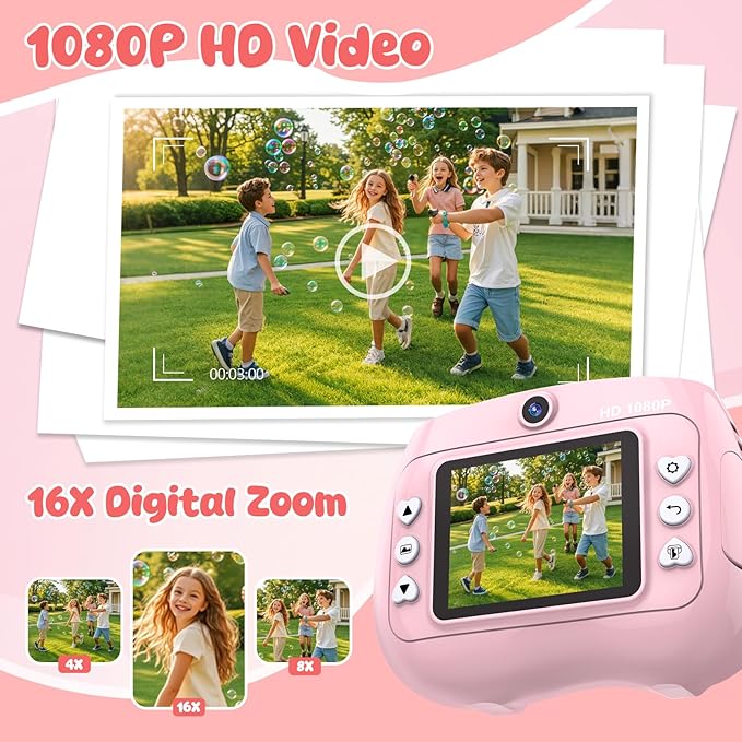 Kids Camera Instant Print 1080P Front Rear Dual Selfie - Toddler Cameras with Digital Video Games,32GB & 5-Colored Print Paper/ 250 Photos,Easy to Use & Great Toys Gifts for Boys Girls, Ages 3-12