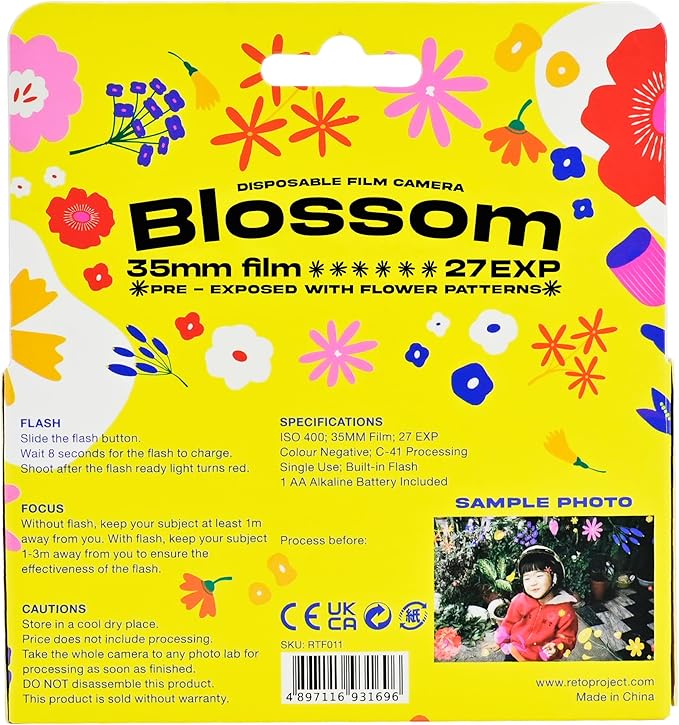 Retocolor Blossom 400 35mm Disposable Film Camera 27EXP, ISO400, Color Negative Film, Focus Free, Easy to Use, Built in Flash, Single Use (Film and Battery Included) (Blossom)