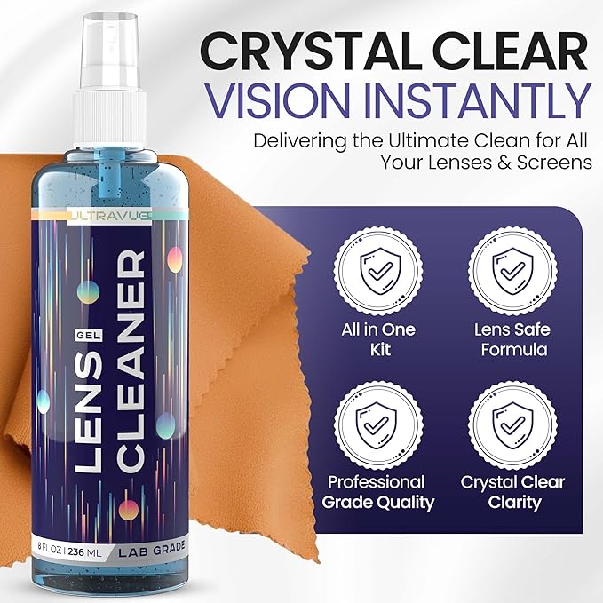 ULTRAVUE Eyeglass Gel Lens Cleaner Spray Kit - 2 x 8oz and 1 x 2oz Gel Eyeglasses Cleaner Spray Bottle + 2 Microfiber Cloth for Cleaning - Safe for All Lenses (AR Coated Included)