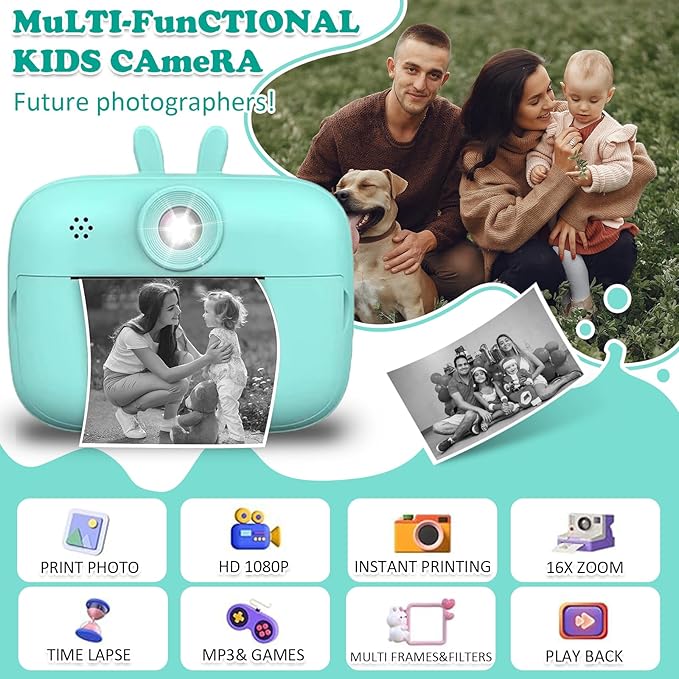 Instant Print Camera for Kids, Toddler Cameras Christmas Birthday Gifts for Boys Age 3-12, 1080P HD Digital Video Cameras for Toddler,Kids Portable Toy with 3 Rolls Photo Paper 32GB SD Card(Blue)
