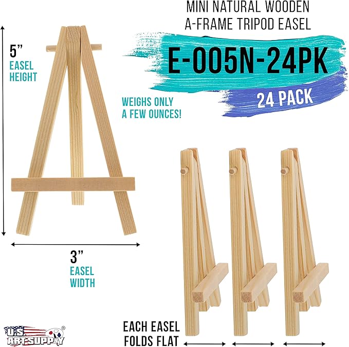 U.S. Art Supply 5" Mini Easel (24 Pack) - Natural Wooden A-Frame Tabletop Display Stand, Mini Easel Stand - Small Easels for Display, Small Canvases, Crafts, Business Cards, Signs, Photos, Gifts