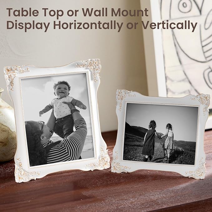 Axeman 8x10 Vintage Picture Frame | Antique 8 x 10 Picture Frame with Real Glass | Ornate Frame 8x10 for Wall & Tabletop Display | Retro White Gold 8 x 10 Frame - White