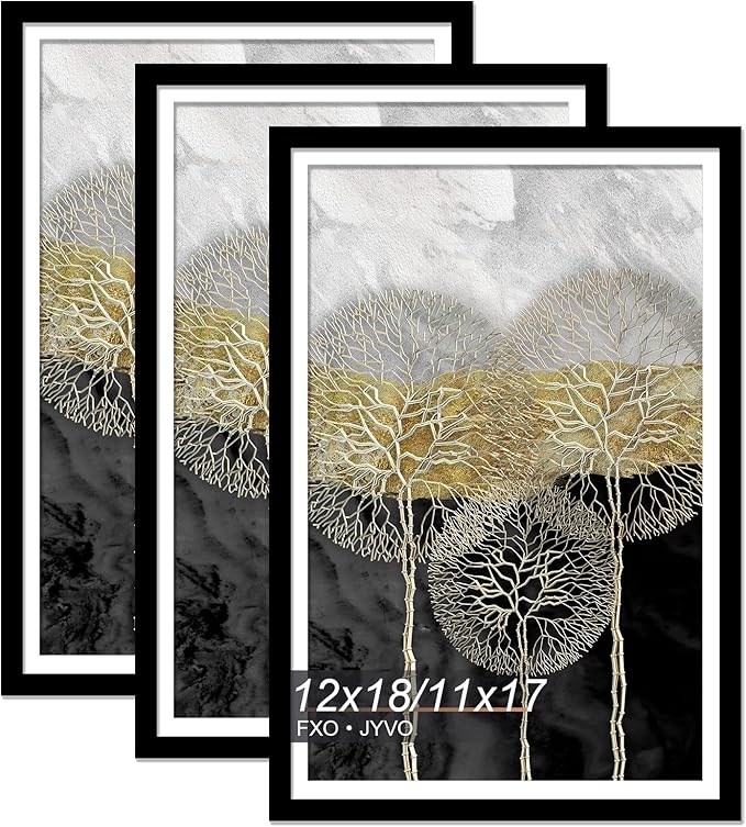 12x18 Picture Frame Set of 3, Display Poster 11x17 with Mat or 12 x 18 Without Mat, Light Weight and High Transparent 12 by 18 Frame for Wall - 3 Pack/Black/12 x18