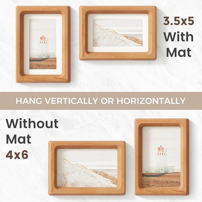 4x6 Picture Frame, USA-Sourced Natural Cherry Wood Photo Frame with Tempered Glass, Handcrafted Rounded Corner 4 x 6 Wooden Frame Matted to 3.5x5 Photos, Wall or Tabletop Display