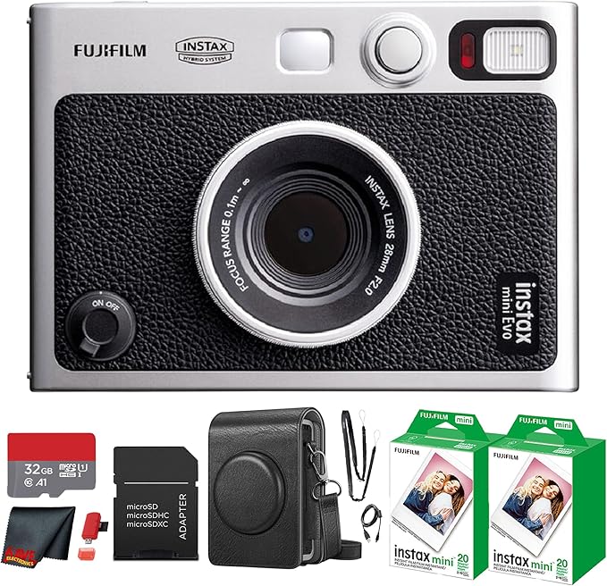 Fujifilm Instax Mini EVO Hybrid Instant Camera (Black) Bundle with Instax-Mini Twin Pack Instant-Film 40 Sheets + 32GB Memory Card + Vintage Black Mini-Evo Camera Case + Cleaning Cloth