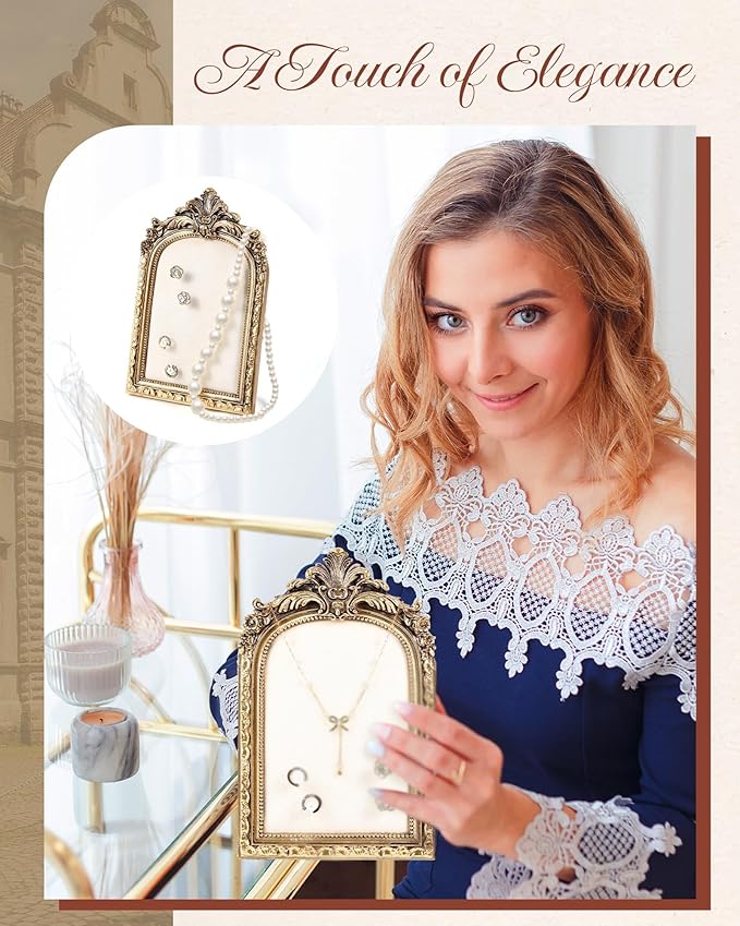 2 Pcs Gold Jewelry Display Stand Vintage Necklace Organizer Ring Holder Earring Tray Resin Jewelry Photography Props Frame with Velvet Backing for Gifts(White,Large,Small,Elegant)