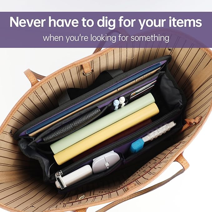 Small Rugged Organizer Insert for Briefcase Tote Shoulder Messenger Bag-19 Pockets,Durable Padded Nylon,Handle-Purple