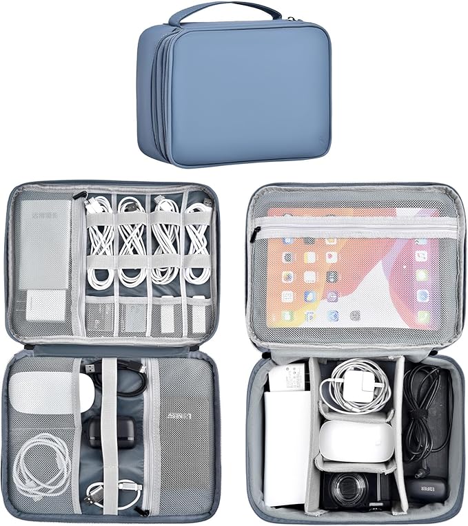 Double Layer Leather Cable Organizer Bag Large Capacity Waterproof Tech Organizer Case for Travel Electronics Accessories Storage Case with Adjustable Divider(Gray&Blue, Double Layer-Large)
