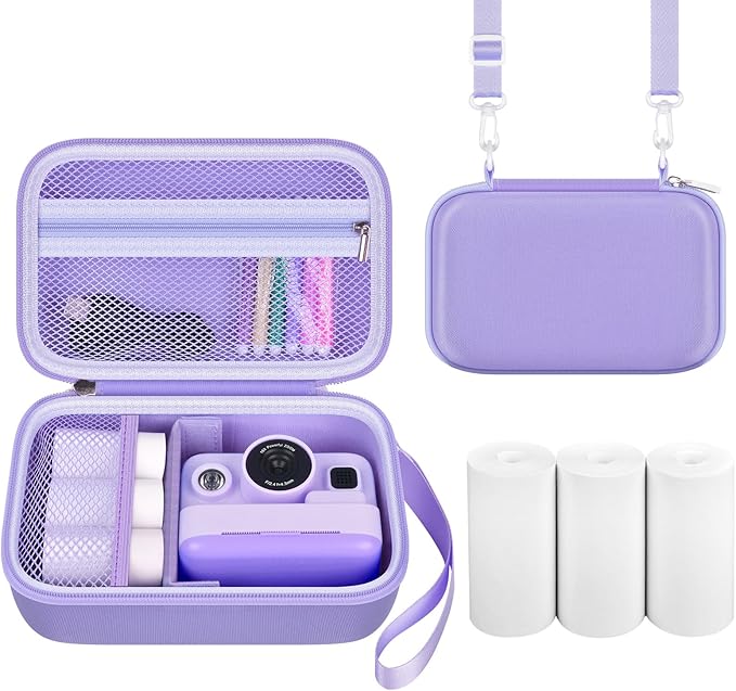 Kids Instant Print Camera Case for Dylanto/for Gofunly/for DUDUDRAGON/for ESOXOFFORE, Digital Video Camera Storage Box with 3 Roll Papers, Holder for Color Pen and Accessories (Bag Only)- Purple