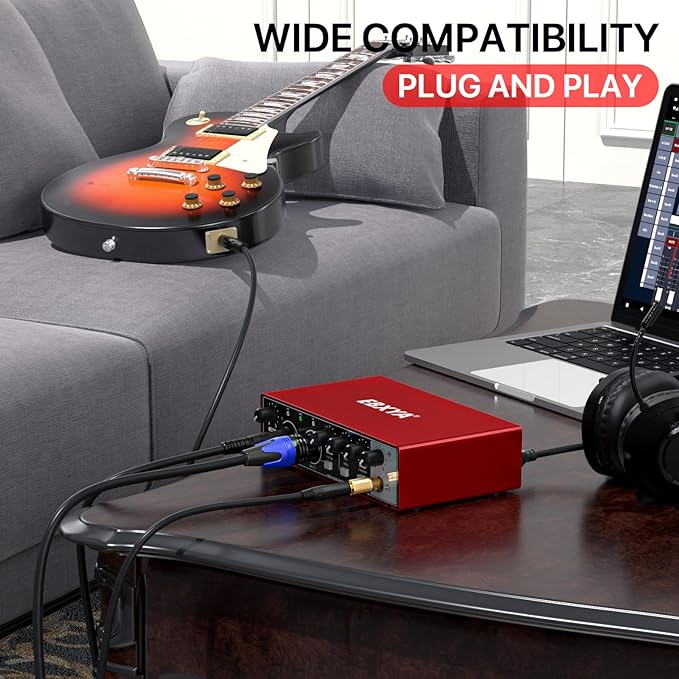 EBXYA 2x2 Audio Interface for Recording Music, 24-bit/192kHz Plug and Play USB Interface for PC and Mac, Studio, Guitar, Podcast, Streaming(Metallic Red)