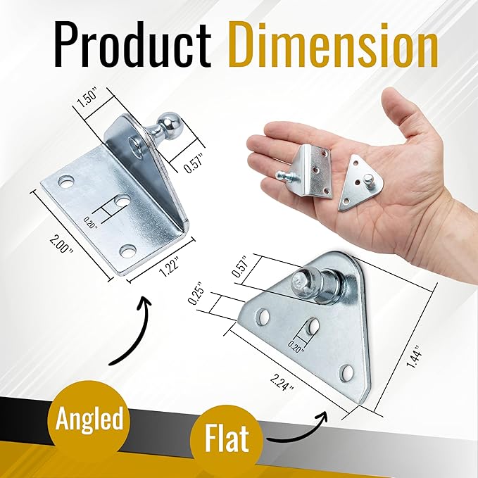 10MM Ball Stud Mounting Silver Bracket for Gas Struts - Heavy Duty Lift Support Shock Brackets with Stainless Steel Screws - for Spring Hood Struts & Closer Piston Prop Mounts - x2 Flat x2 Angled