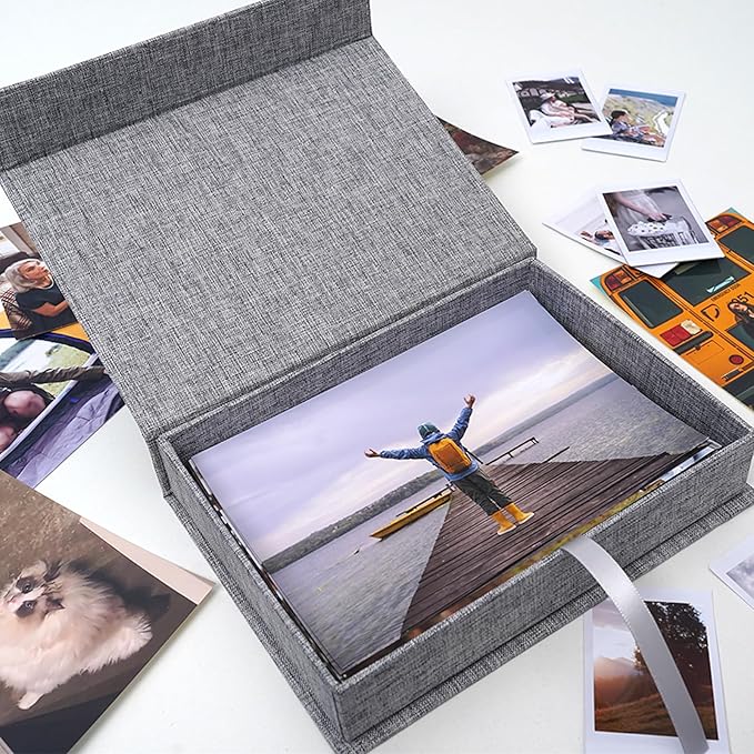 Cherrich 5x7 Photo Storage Box, Premium Linen Memory Box for Photos, Pictures, Certificates, Scrapbooking Supplies & Jewelry - Portable, Stackable Organizer for Home, Crafters & Collectors