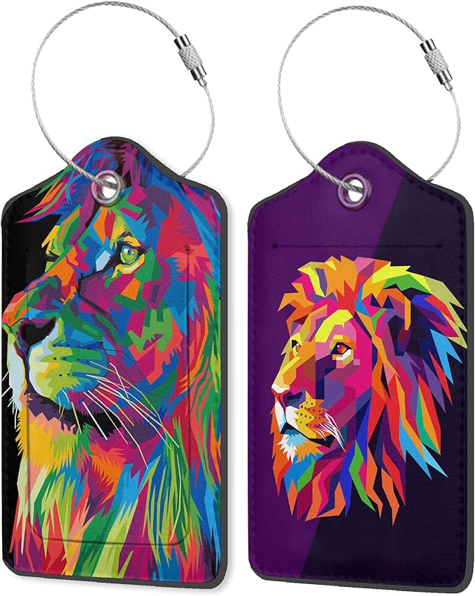 Colorful Pop Art Lion PU Leather Luggage Tags for Suitcase, Travel Cruise 2 Pack with Privacy Flap, Name ID Label and Metal Loop for Women Men Girls Baggage Backpack