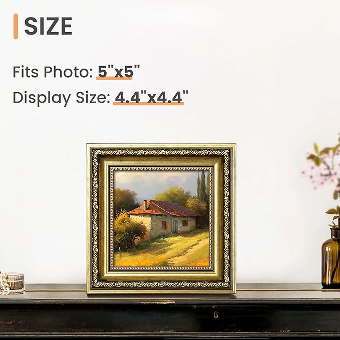 upsimples 5x5 Picture Frame with Real Glass, Ornate Vintage 5 x 5 Photo Frames for Wall Decor or Tabletop Display, Gold, 2 Pack