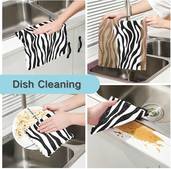 CaTaKu Zebra Print Microfiber Reusable Cleaning Cloths Kitchen Dish Cloths Dish Rags for Washing Dishes, Black and White Dish Towels Washcloths for Kitchen Drying, 6 Pack