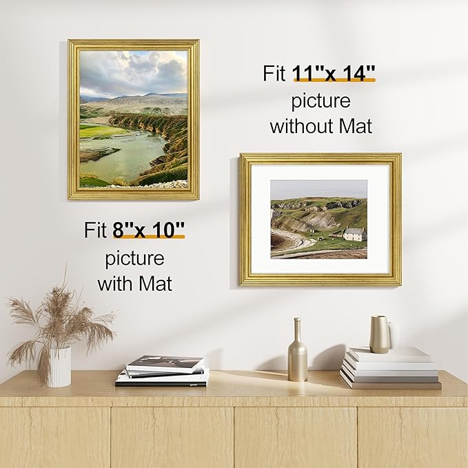 Vittanly 11x14 Picture Frames Set of 2, Ornate Vintage Photo Frame for Wall Mount, Display 8x10 Pictures with Mat or 11x14 without Mat, Rustic Gold