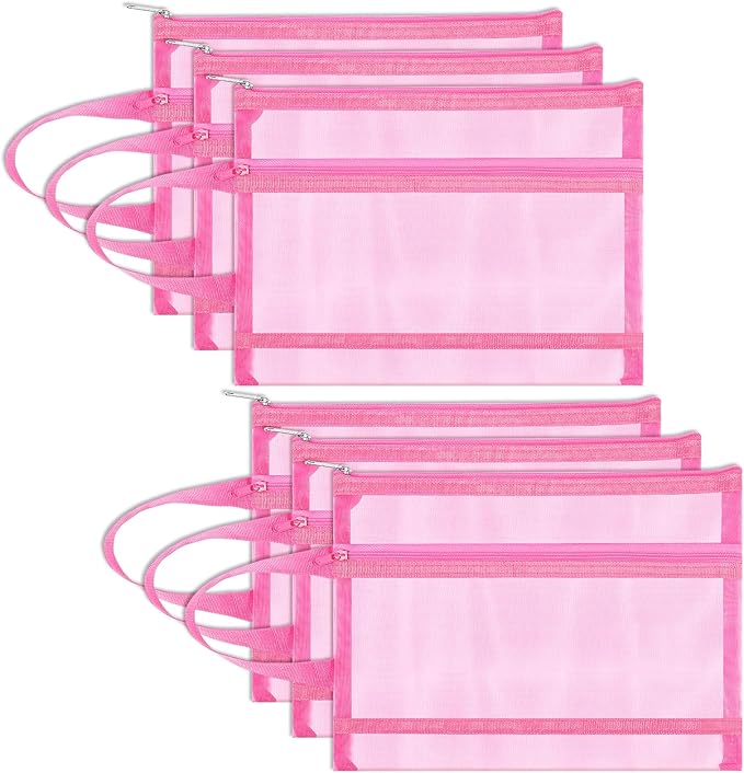 Fassave 6 Pack Mesh Zipper Pouch Bags, Double Layer Nylon Pouch with Handle for Office Travel Organization (Pink, A5)