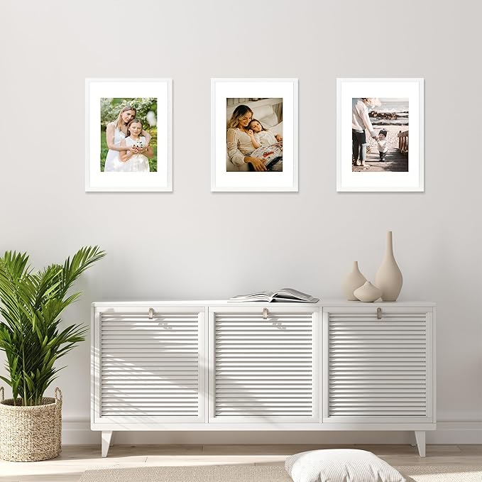 kennethan 12x16 Picture Frame White 3 Pcs in 1 set 12x16 Frame can Display 8.5x11 inch Picture with Mat or 12x16 inch Picture Without Mat on the Wall