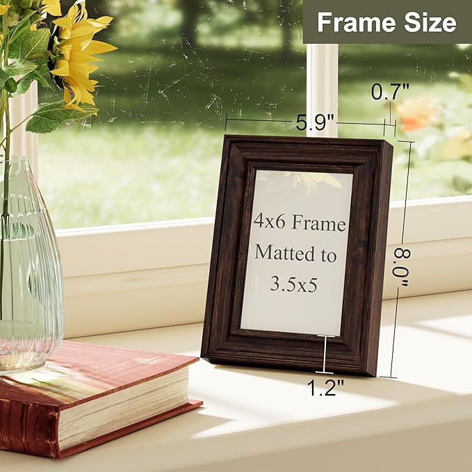 Vittanly 4x6 Picture Frame Set of 4, Vintage Photo Frame for Wall or Tabletop, Display 3.5x5 Pictures with Mat or 4x6 without Mat, Rustic Farmhouse Home Decor, Dark Brown