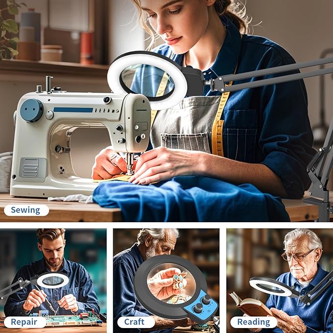 HITTI 12X Long Magnifying Glass with Light, 2026 Upgrade Infinite Color and Brightness LED Desk Lamp with Clamp, Hands Free Magnifier Light and Stand for Workbench Crafts Reading Painting - Blue
