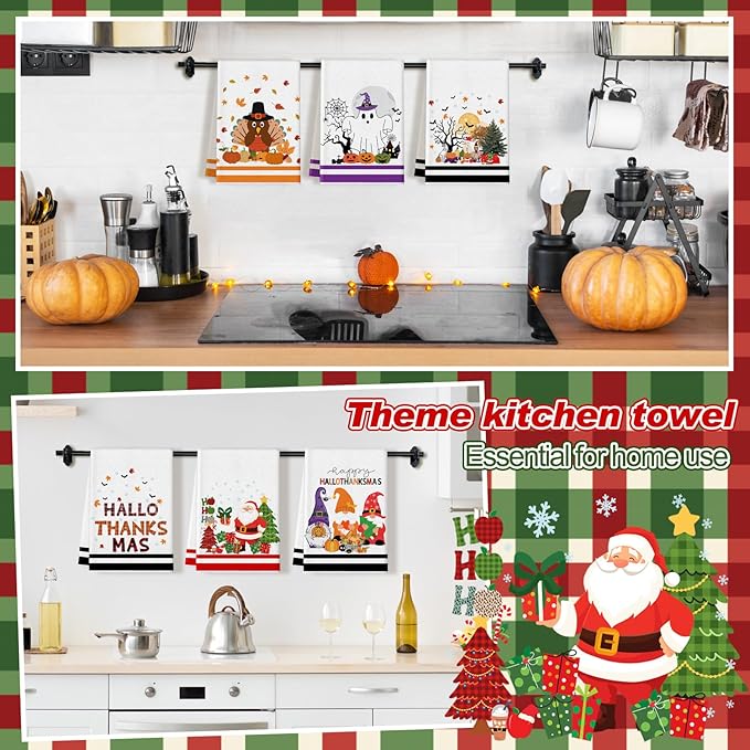 Preboun 6 Pcs Holiday Kitchen Towels Halloween Thanksgiving Christmas Hand Towels Hallothanksmas Bathroom Cloth Decorative Colorful Cute Gifts Dish Cloth Farmhouse Kitchen Accessories Decor