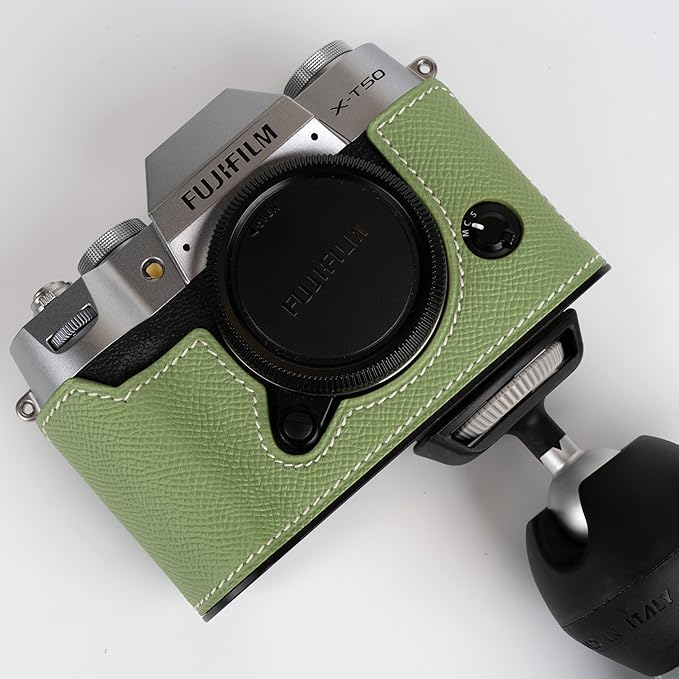 Handmade Genuine Leather Camera Half Case for Fujifilm X-T50/Fujifilm X-T50 Camera Case/Fujifilm X-T50 Case - Top Layer Cowhide Body + Metal Base Plate (Vert Criquet)