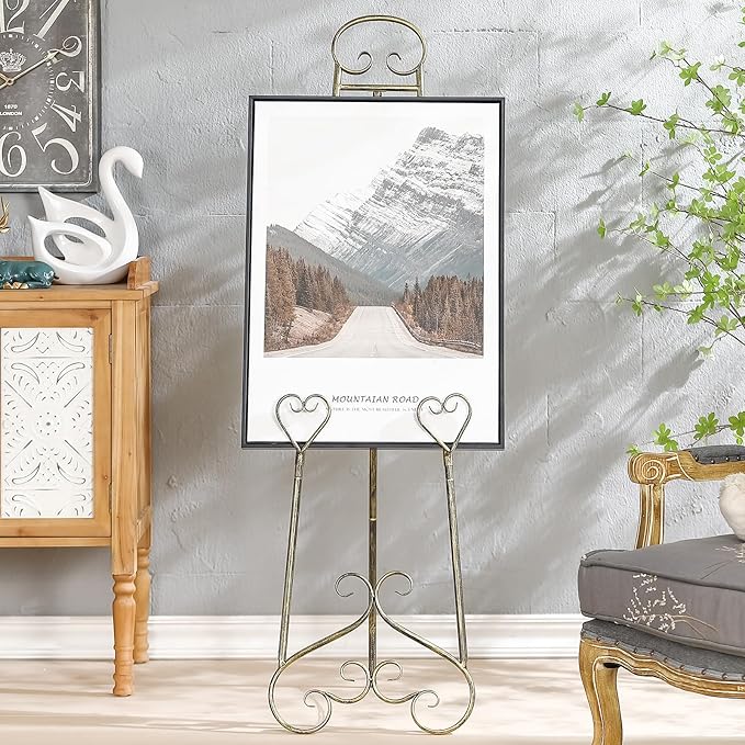 56" Extra Large Adjustable Vintage Floor Easel Stand with Chain Support, Heavy Duty Metal Foldable Display Easel for Wedding Signs Mirrors & Art
