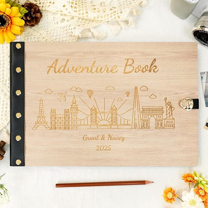 Custom Travel Scrapbook, Personalized Travel Photo Album with Wooden Cover, Adventure Book Scrapbook Keepsake Gifts, Vacation Photo Album to Hold Your Stories