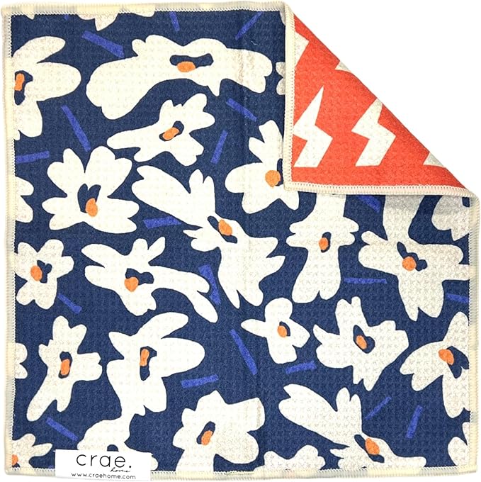 crae. Reversible Microfiber Washcloths 12x12 – Super Absorbent, Quick Drying Waffle Weave – Lint-Free, Scratch-Free Cleaning Cloths for Kitchen, Home, Cars & Windows (Aqua Daisy- Blue/Orange)