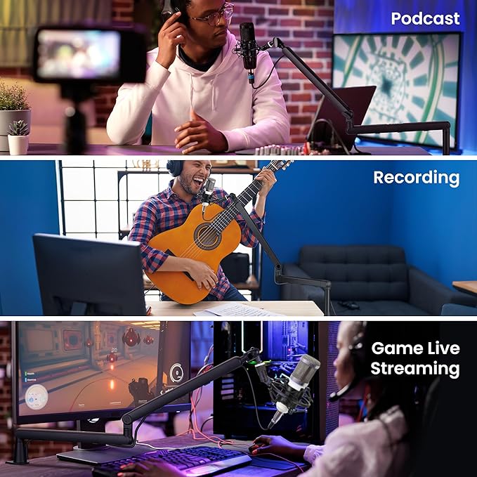 CAHAYA Mic Stand Boom Arm - Low Profile Adjustable Microphone Arm Stand with 3.5" Extension Pole Desk Clamp Screw Adapter for Streaming Gaming Compatible with Blue Yeti Shure SM58 SM48 Fifine K669B