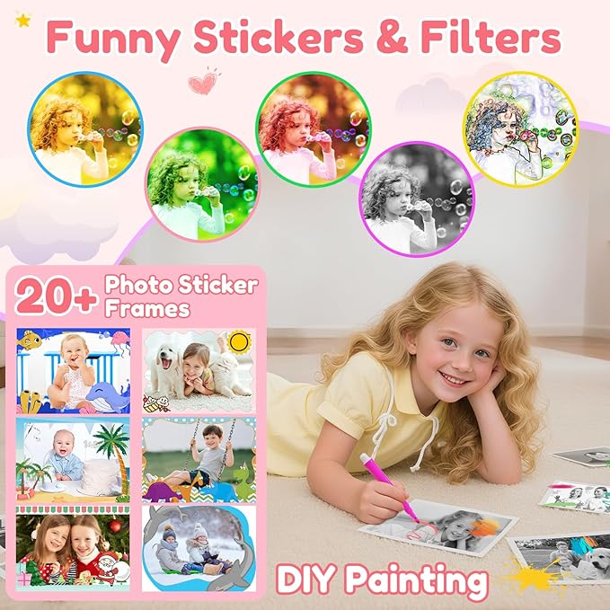 Kids Camera Instant Print, Kids Instant Camera with 1080P Videos, Christmas Birthday Gifts for Girls Boys Age 3-12, Portable Toddler Travel Digital Print Toy for 3 4 5 6 7 8 9 10 11 12 Year Old, Pink