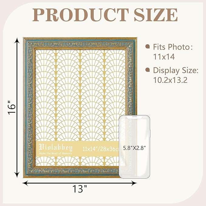 VIOLABBEY 11x14 Picture Frame Blue, Vintage Photo Frames Ornate without Mat for Tabletop or Wall Hanging