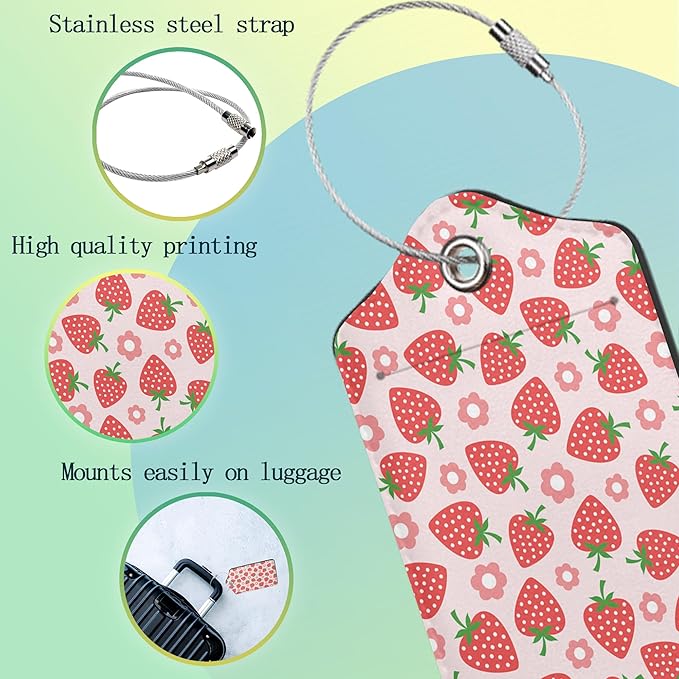 Strawberry Luggage Tags for Suitcase 2 Pack,Vintage Groovy Flowers Luggage Tag PU Leather Privacy Cover ID Label with Stainless Steel Loop for Women Men Teens Travel