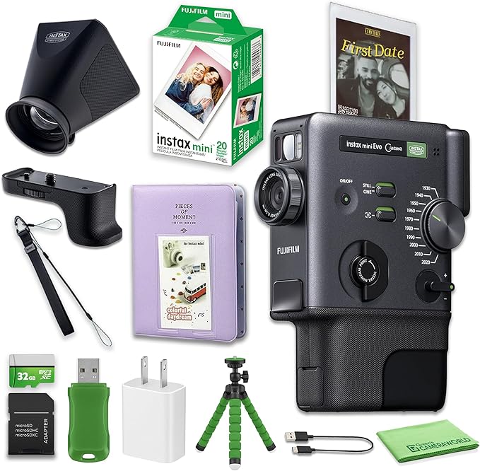 FUJIFILM instax mini Evo Cinema Hybrid Instant Camera Gift Bundle with Viewfinder Grip + Album + Tripod + 32GB Card + USB Reader and 20-Photo Instax Mini Film