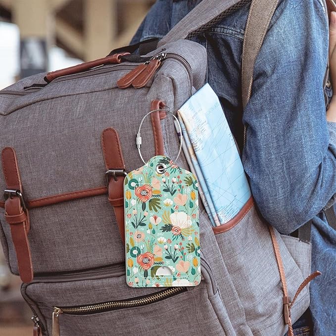 Luggage Tags for Suitcase, 4 Pack PU Leather Travel Cruise Luggage Tag with Privacy Flap, Name ID Label and Metal Loop for Women Men Girls Suitcase Baggage Bag Backpack, Green Flowers