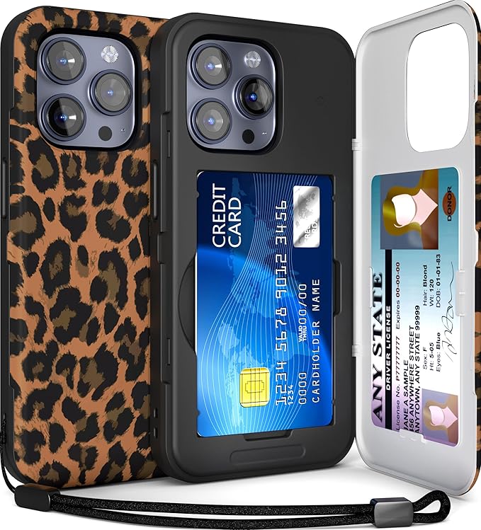 TORU for iPhone 15 Pro Max Wallet Case with Card Holder, Hidden ID Credit Card Slot Flip Kickstand, Slim Fit Shockproof Heavy Duty Phone Cover with Strap - Leopard Pattern