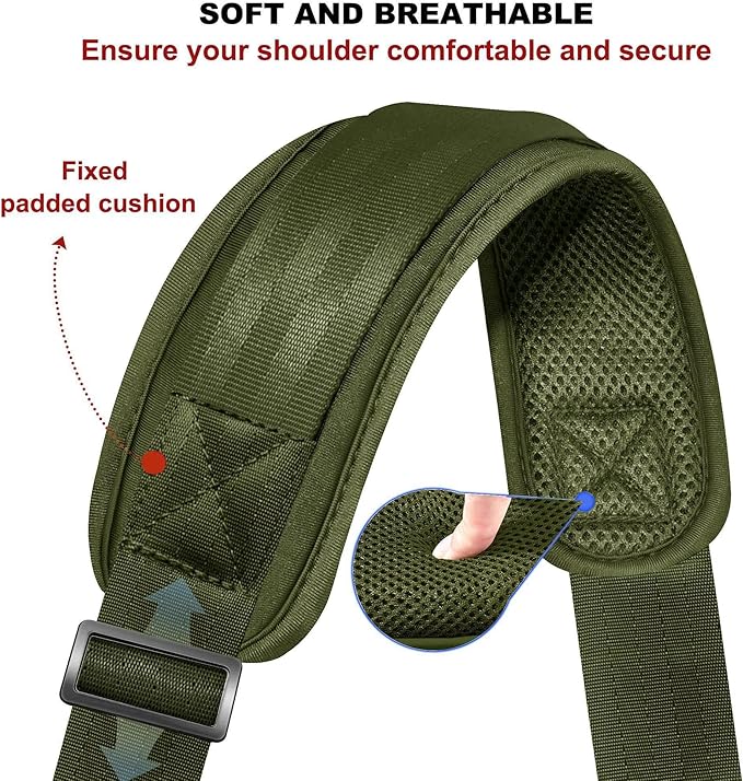 ZINZ 75" Shoulder Strap with Fixed Pad and Dual Balanced Buckles，Army Green