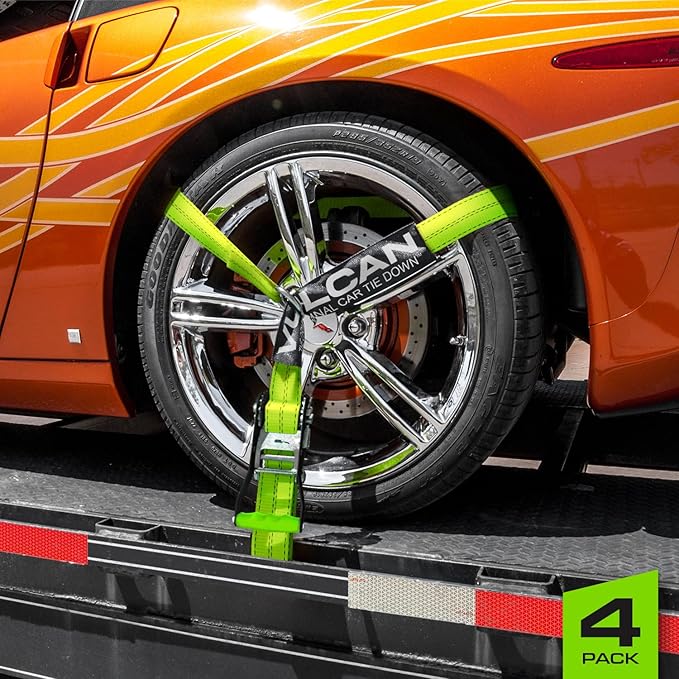 VULCAN Car Tie Down with Flat Hooks - Lasso Style - 2 Inch x 96 Inch - 4 Pack - High-Viz - 3,300 Pound Safe Working Load