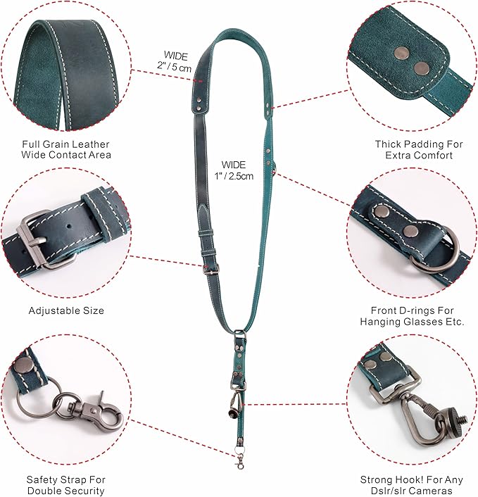Padwa Lifestyle Green Single Camera Harness Strap for One Camera - Professional Single Full Grain Leather Camera Harness with Thick Padded,Quick Release Gear DSLR Camera Straps for Photographers