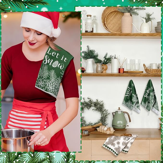 Preboun 6 Pcs Christmas Kitchen Towels Winter Hand Towels Pine Cones Pine Needles Dish Cloth Xmas Decorative Farmhouse Tea Cloth Absorbent for Holiday Kitchen Bathroom Decor