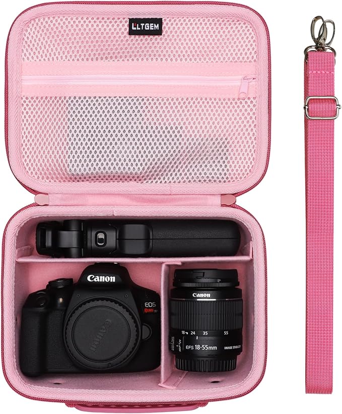 Camera Case Compatible with Canon EOS Rebel T7/R50/R6 Mark II/R100/R50 V/T6/R8/R10/R5 Mark II/RP/R7/5D Mark IV/SL3/R5/T100 DSLR Camera, Len and Tripod with 4 Dividers and Shoulder Strap, Magenta+Pink