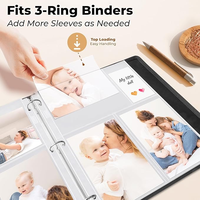 Dunwell Photo Sleeves for 3-Ring Binder, (4x6 Mixed Format, 100 Pack) for 600 Pictures, Each Photo Page Sheet Holds Six 4 x 6 Pictures or Postcards, Acid-Free Poly 4x6 Album Refill Pages