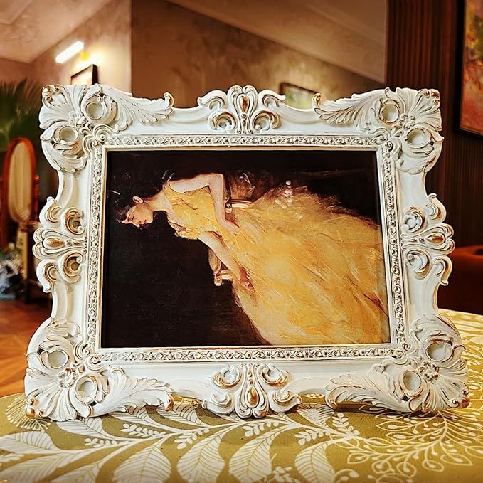 CISOO 5x7 Vintage Picture Frame Antique Ornate White and Gold Photo Frame, for Table Top and Wall Display, Decorative Floral Design Retro Home Decor, Photo Gallery Art
