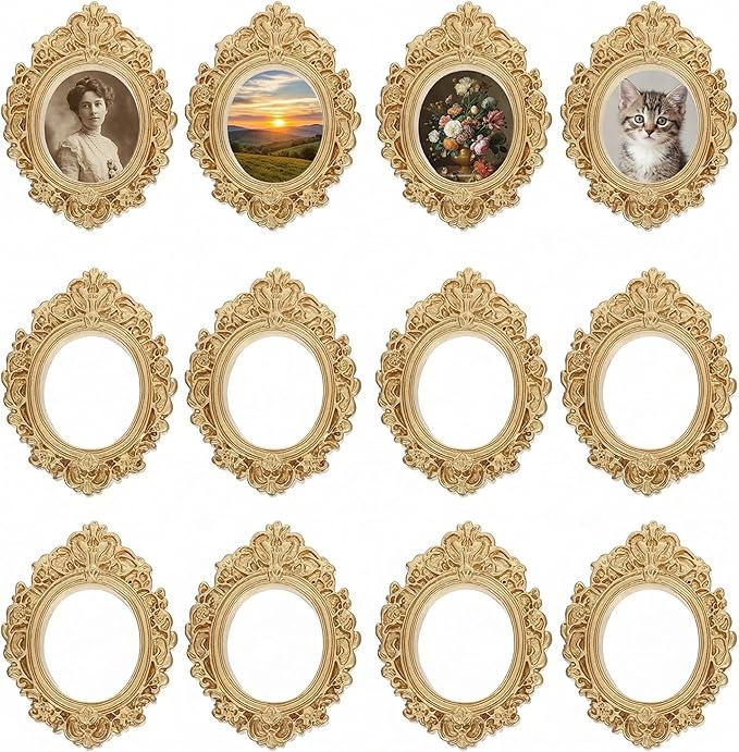 BESTOYARD 12Pcs Vintage Miniature Resin Photo Frames, Baroque Oval Jewelry Display Picture Frames for Christmas DIY Crafts, Home Table Photo Props