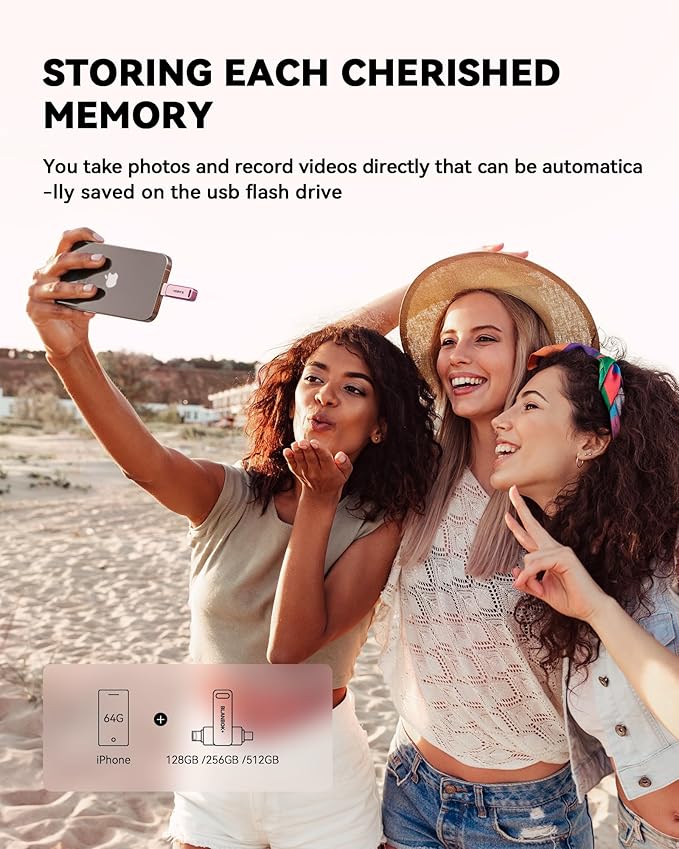 MFi Certified 256GB iPhone Photo Stick, USB Flash Drive for Photo/Video Backup, High-Speed Thumb Drive Compatible for iPhone/iPad/Android/PC (Pink)