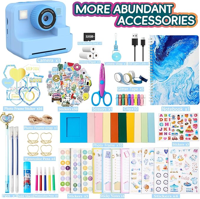 Kids Instant Print Camera, 1080P Selfie Video Camera with DIY Journal Kit – 200+ Accessories, Christmas & Birthday Gifts for Girls & Boys Ages 3-12 (Blue)